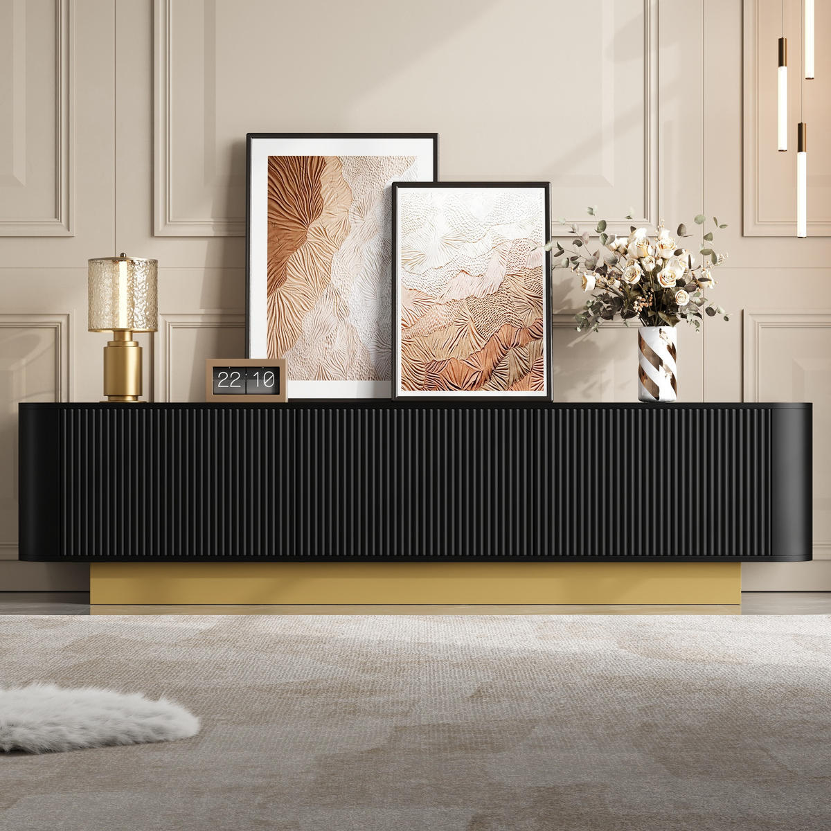 TV-LOWBOARD 170 cm abgerundet Kabelmanagement - Schwarz, Holz (170/47/40.5cm) - Fortuna Lai