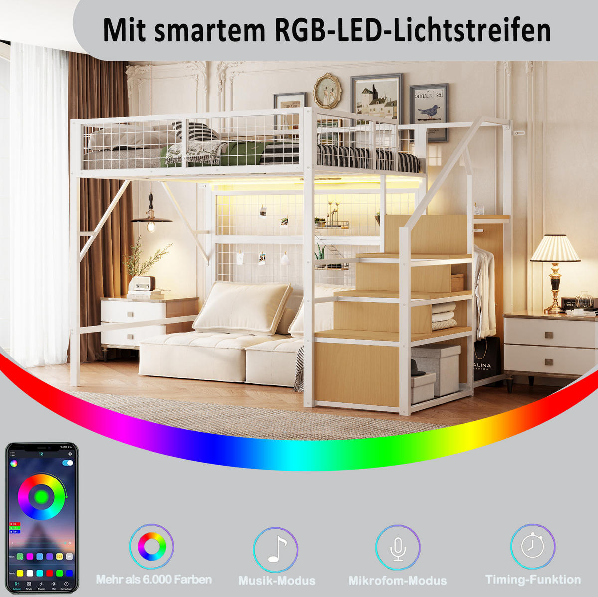 VYSOKÁ postel 255/145/170 cm bílá s LED osvětlením a úložnými schody z kovu a MDF - bílá, kov (140/200cm) - OKWISH
