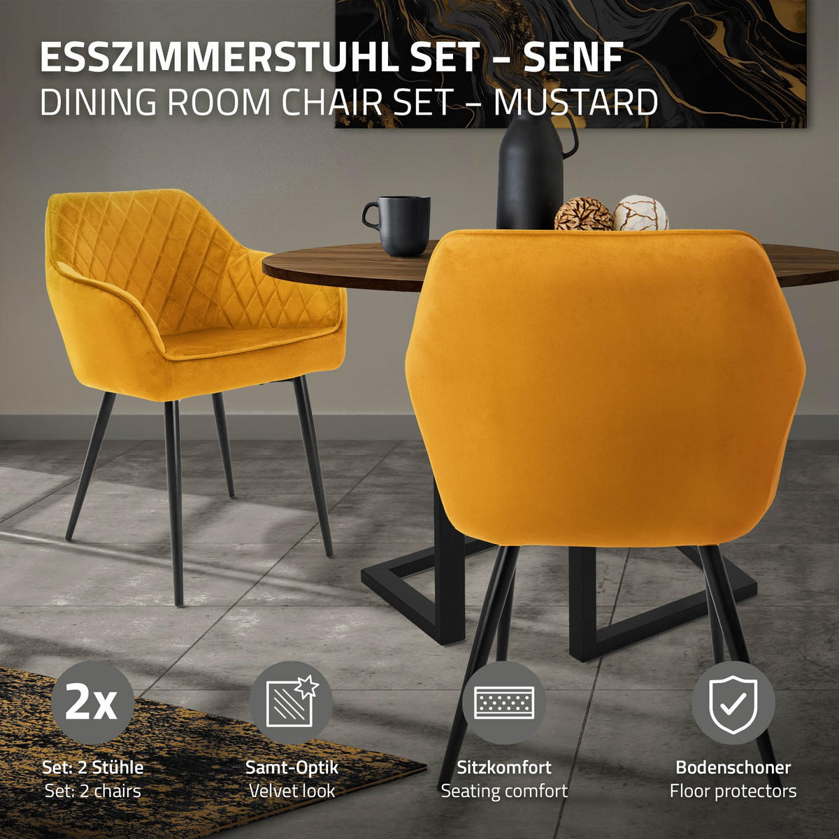 ESSZIMMERSTUHL 6er Set Senfgelb Samt - Gelb/Schwarz, Textil/Metall (63/80/60cm) - ML-DESIGN