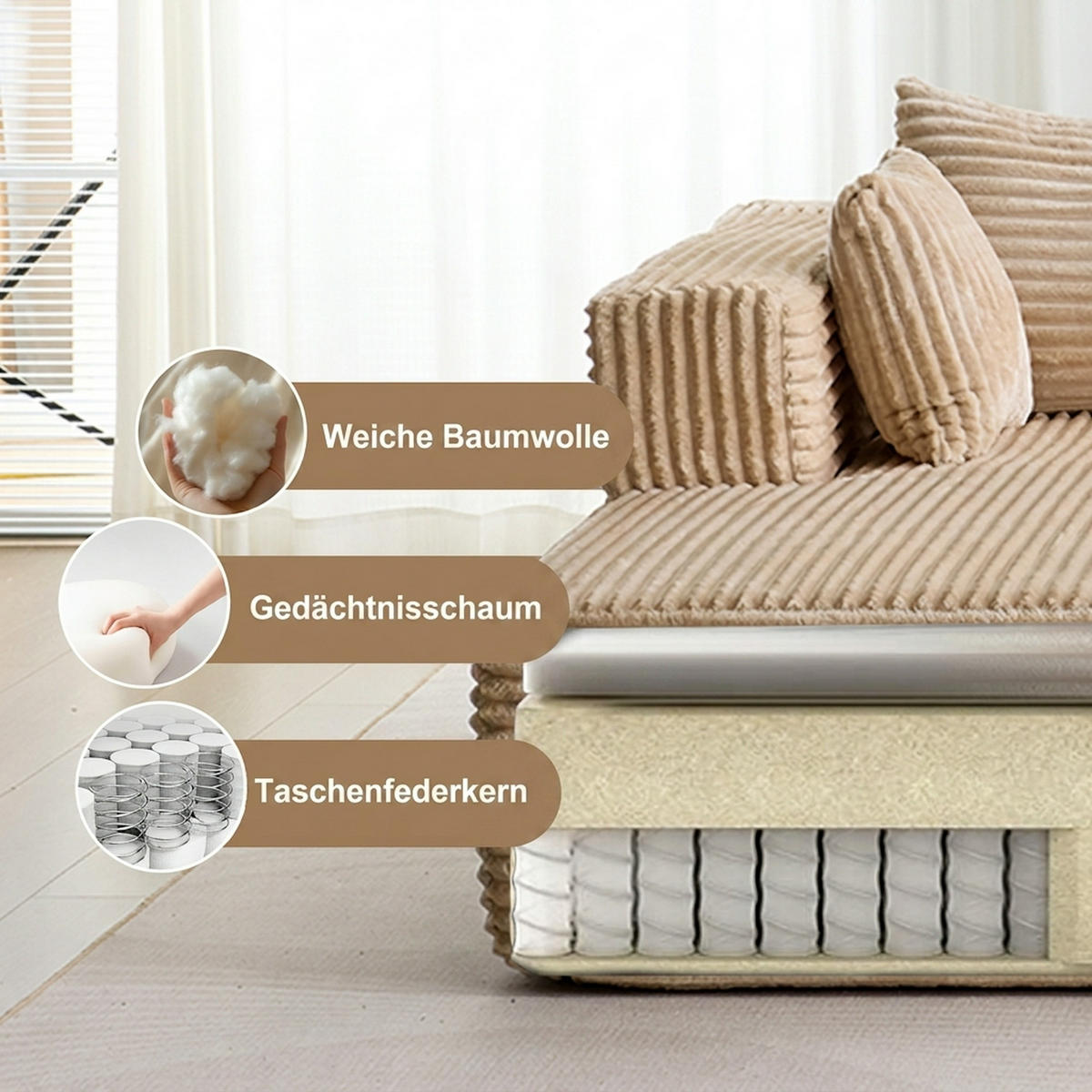 ECKSOFA 279/179/83 cm Beige Cord mit Chaiselongue - Beige, Textil (179/83/279cm) - Oxeza