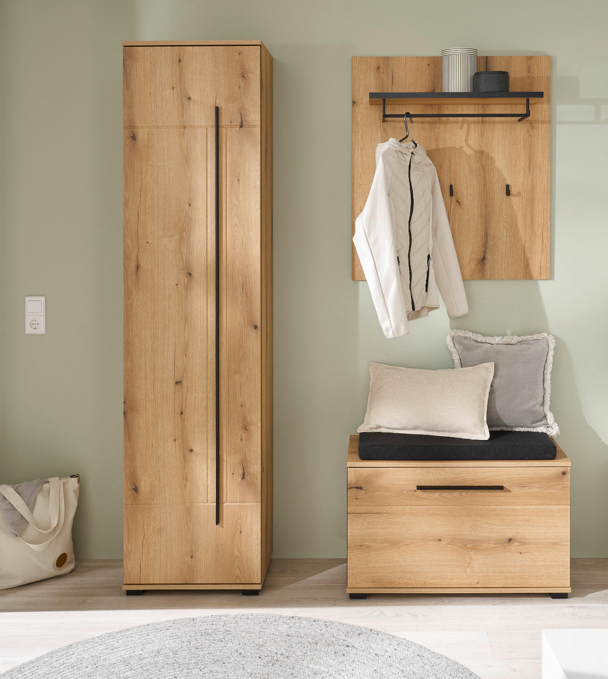 SCHUHSCHRANK Evoke Eiche 50 x 200 cm, Stauraumschrank mit 6 Fächern - Eichefarben/Schwarz, Holzwerkstoff/Kunststoff (50/200/39cm) - Furn.Design