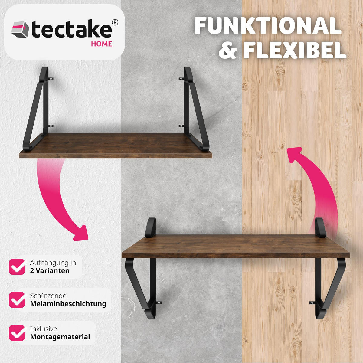 WANDREGAL 2er Set Irvine,60 x 20 x 33,5 cm,Industrial Holz dunkel, rustikal - Rostfarben, Holzwerkstoff (20/33.5/60cm) - tectake