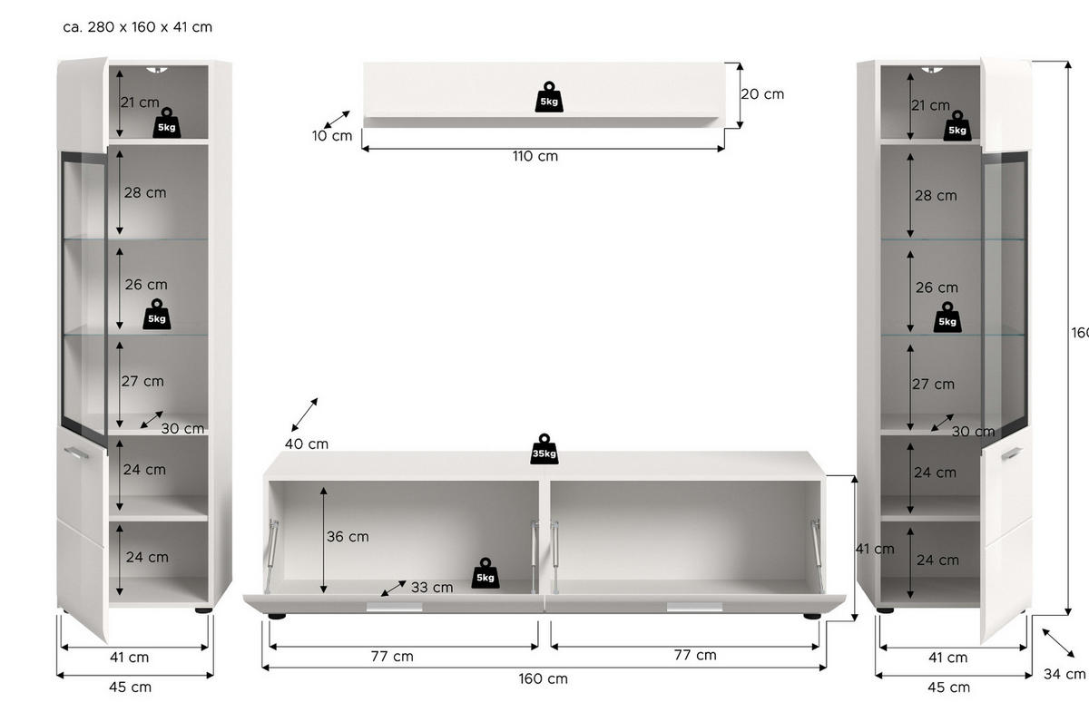 WOHNWAND weiß Hochglanz 4-teilig 280 cm, Schrankwand mit 2 Vitrinen - Weiß Hochglanz/Silberfarben, Glas/Holzwerkstoff (280/160/41cm) - Inn.Furn