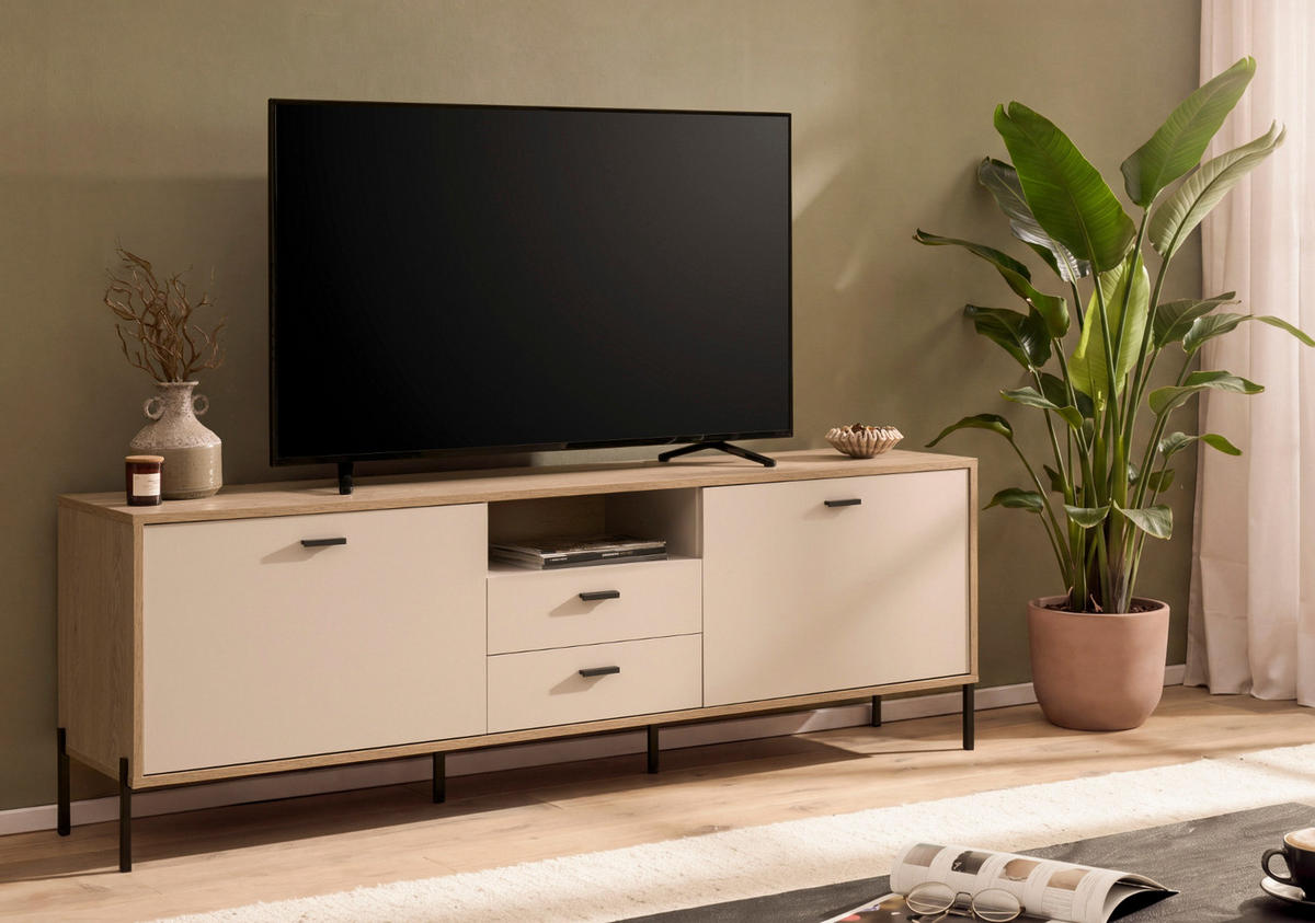 TV-LOWBOARD Kaschmir, Eiche 195 x 64 cm, TV Unterteil mit Soft-Close, Komforthöhe - Kaschmir/Eichefarben, Holzwerkstoff/Metall (195/64/40cm) - Furn.Design