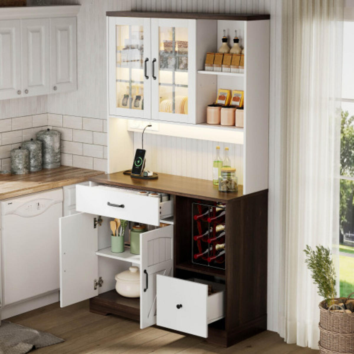 BUFFETSCHRANK Natur-Weiß aus MDF mit APP-LED und integrierter Steckdosenleiste 105 × 40 × 185 cm - Weiß, Holzwerkstoff (150/85/40cm) - Luhomfu