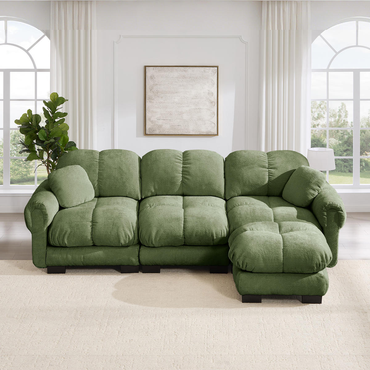 ECKSOFA DE-34384 L-Form mit Ottoman und Steppdesign Grün - Grün, Textil (149/260cm) - ComfortXL