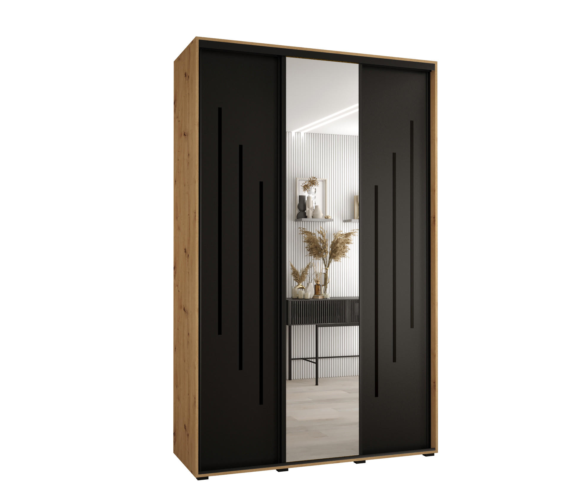 Abiks Möbel Schwebetürenschrank Eiche Artisan, Schwarz, Schwarz 150x235x45 cm