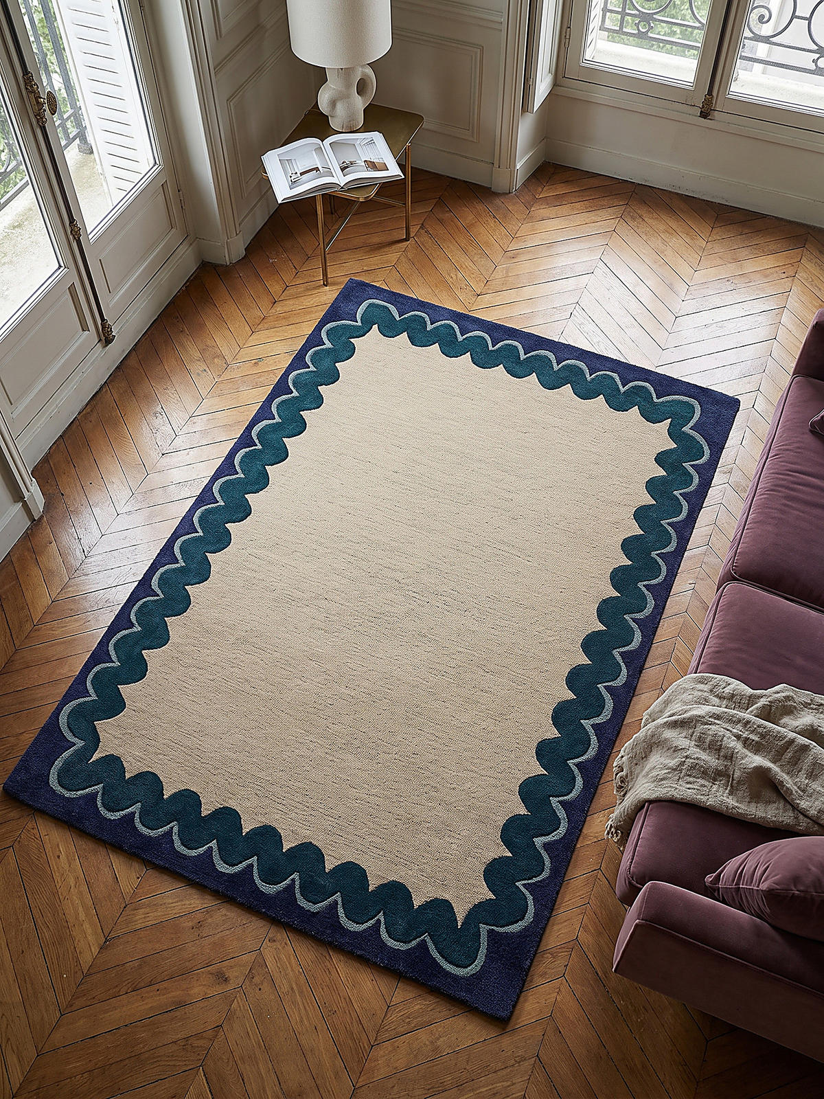 TEPPICH aus Wolle, handgetuftet, WAVENEY, in Petrol, Zickzack-Wellenbordüre, 140 x 200 cm - Türkis, Textil (140/200cm) - KADIMA DESIGN