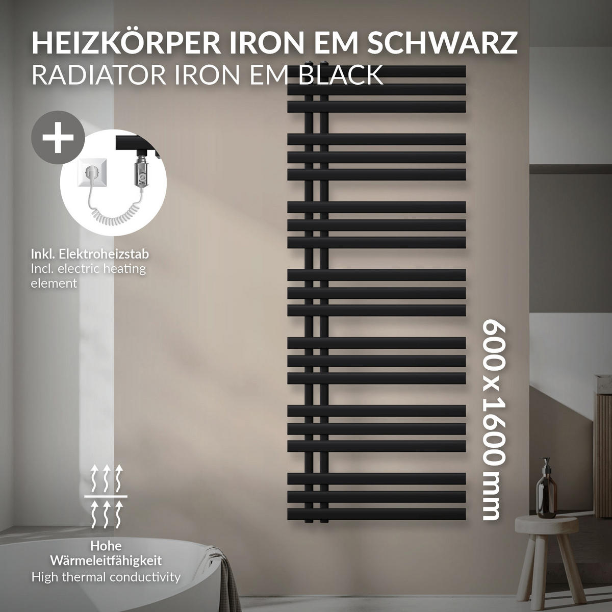 ELEKTRICKÝ koupelnový radiátor Iron EM 600 x 1600 mm, černý, s topným tělesem 1200 W - černá, kov (60/160/3cm) - LuxeBath