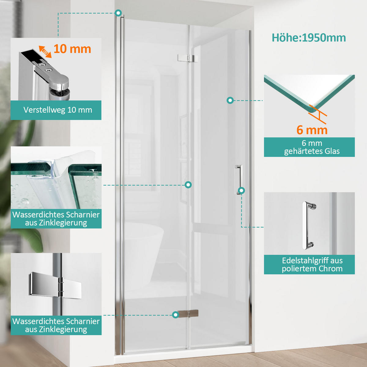DUSCHTRENNWAND Drehfalttür Chrom 80/195 cm - Chromfarben, Glas (80/195cm) - EMKE