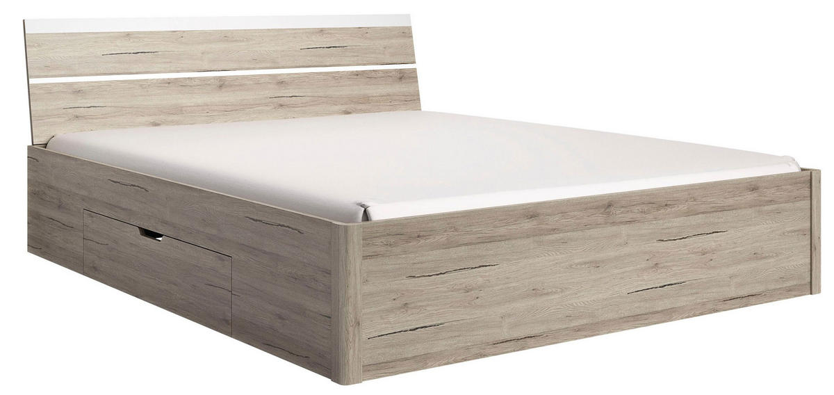 BETT Beta Eiche San Remo / Weiß 166 / 218 / 92cm - Braun/Weiß, Holz/Holzwerkstoff (166/92cm) - Feldmann-Wohnen