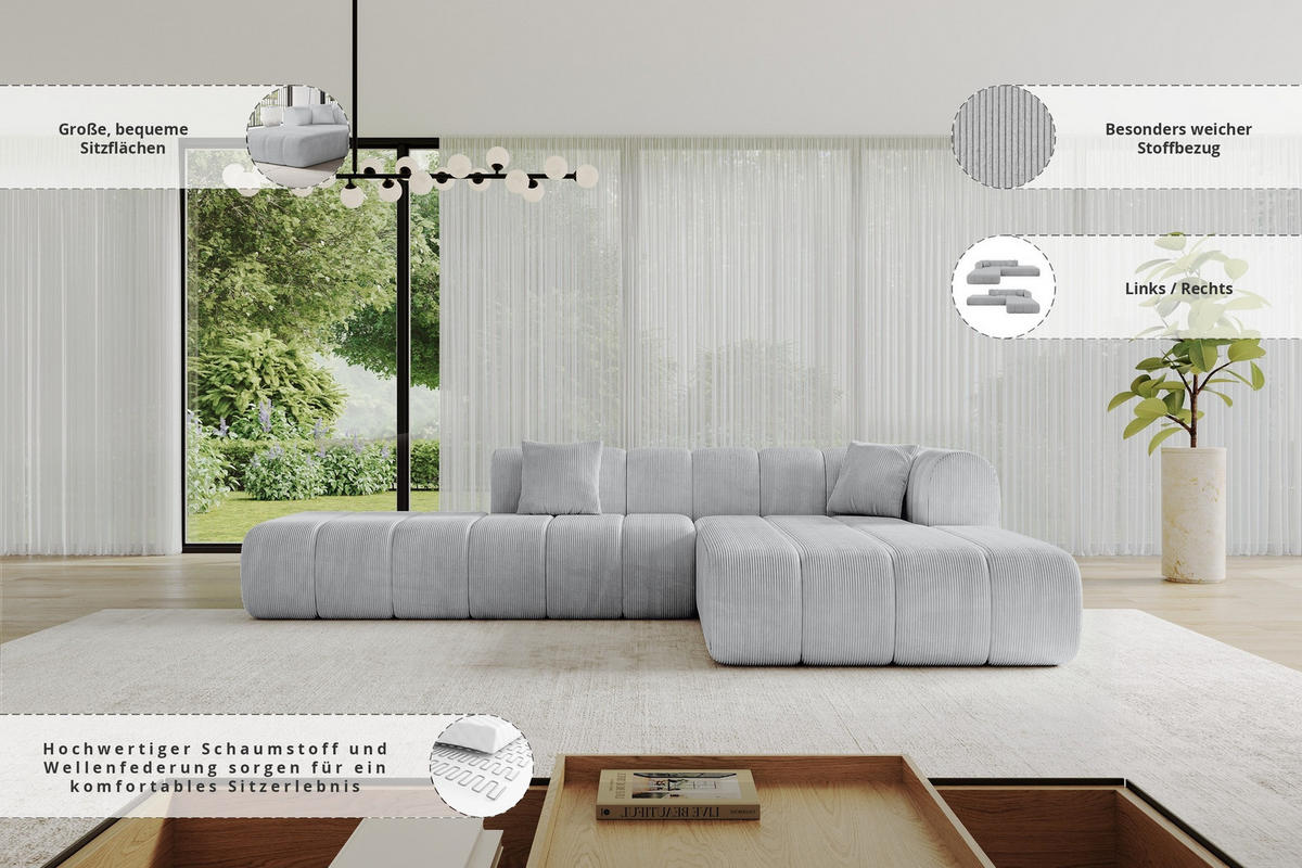 ECKSOFA Ottomane Rechts BILA-L 289x176x71 Grau Cord - Schwarz/Alufarben, Holzwerkstoff/Kunststoff (289/176cm) - ALTDECOR