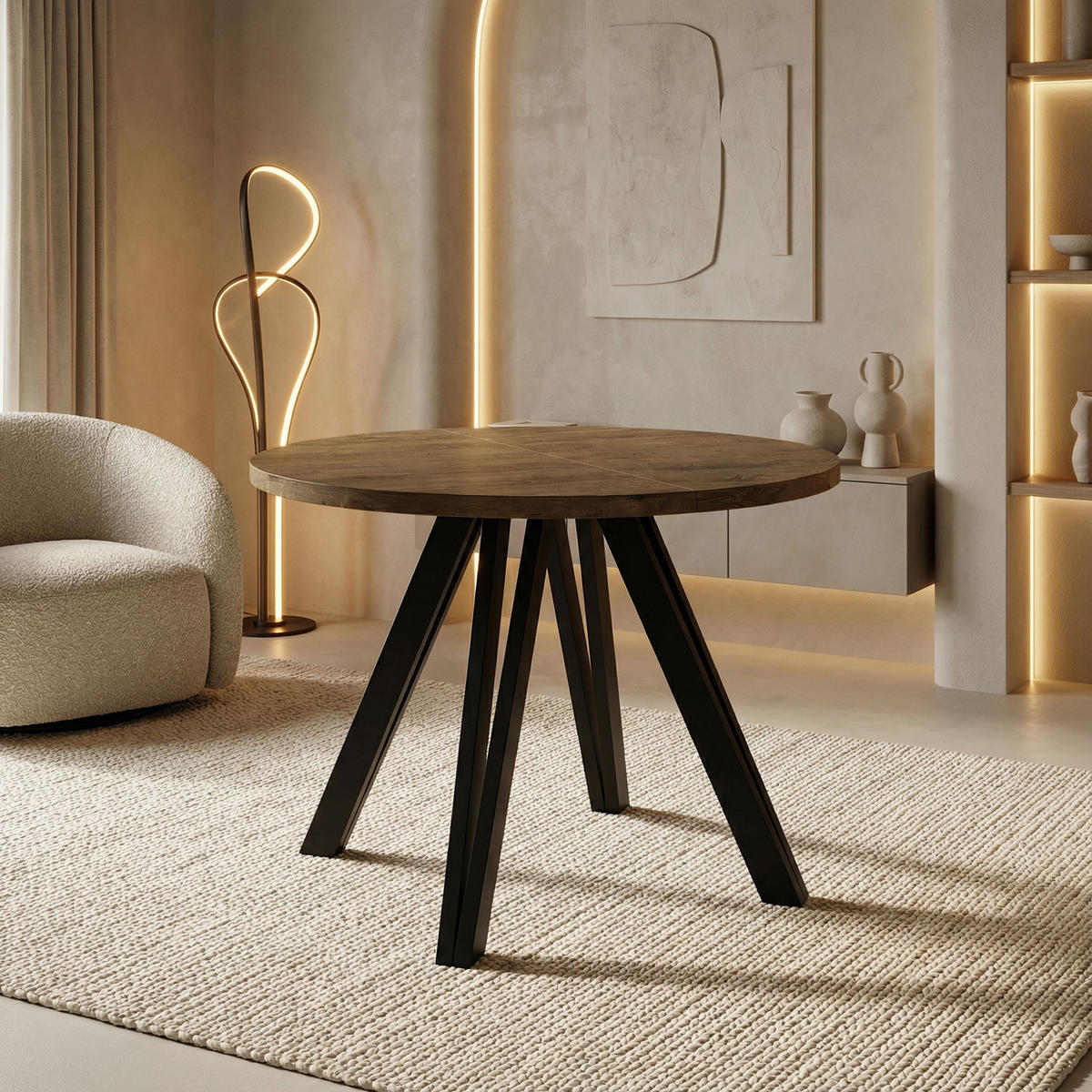 ESSTISCH Ravero runder ausziehbarer, Eiche Braun Rustikal 100-140/100/77 cm - Alteiche/Schwarz, Holz/Holzwerkstoff (100/100/77cm) - WFL GROUP