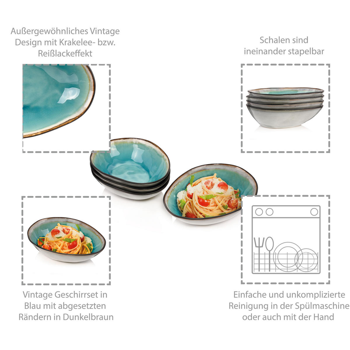 PASTATELLER SET CAPRI - 4 teilig aus Steingut - Pastellblau, Keramik (24cm) - Sänger
