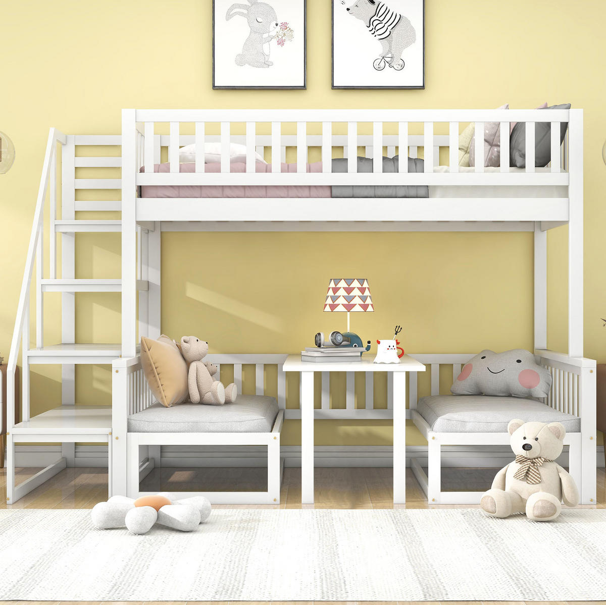 ETAGENBETT aus Kiefer und MDF 245,5x125x170 cm Weiß mit Treppe, verstellbarem Tisch und ausziehbarer Liegefläche - Weiß, Holzwerkstoff (90/200cm) - Modfu
