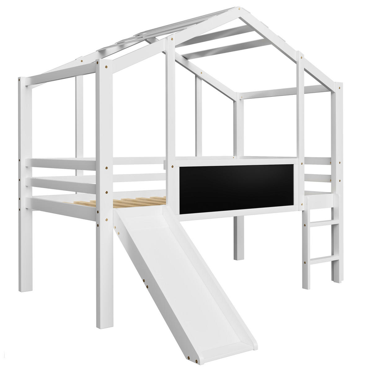 HOCHBETT aus 90x200 cm Weiß mit Rutsche, Leiter, Tafel und Hausdach - Weiß, Holzwerkstoff (140/200cm) - Modfu