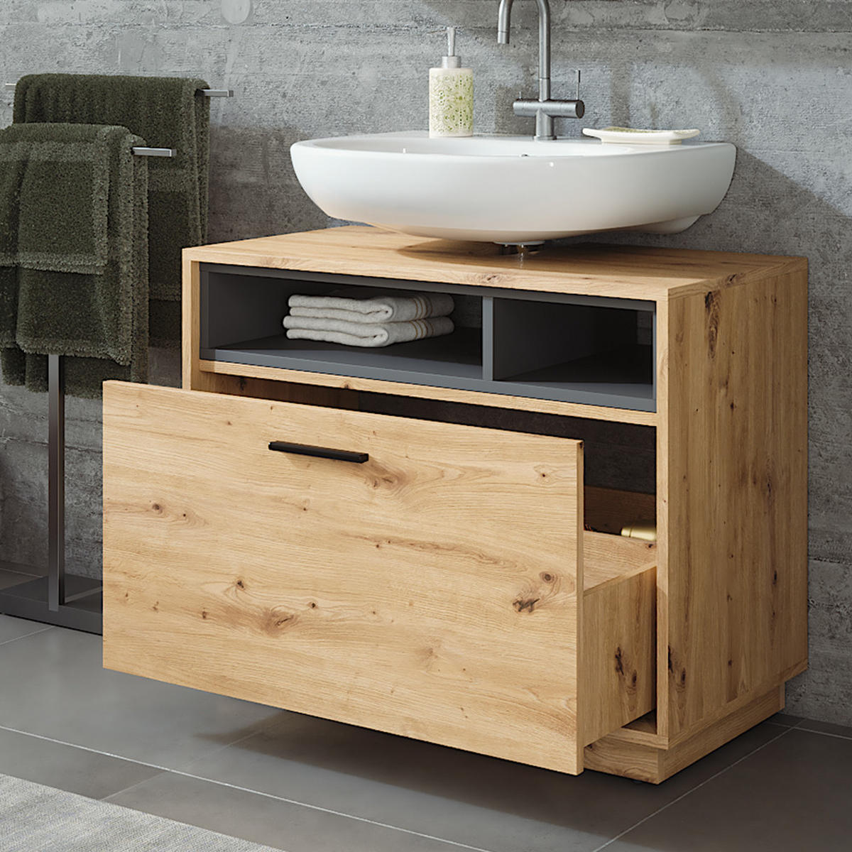 WASCHBECKENUNTERSCHRANK Beatrice Artisan Eiche/Anthrazit 80 x 64 cm mit Schublade - Anthrazit/Eiche Artisan, Holzwerkstoff (80/64/35cm) - Vicco