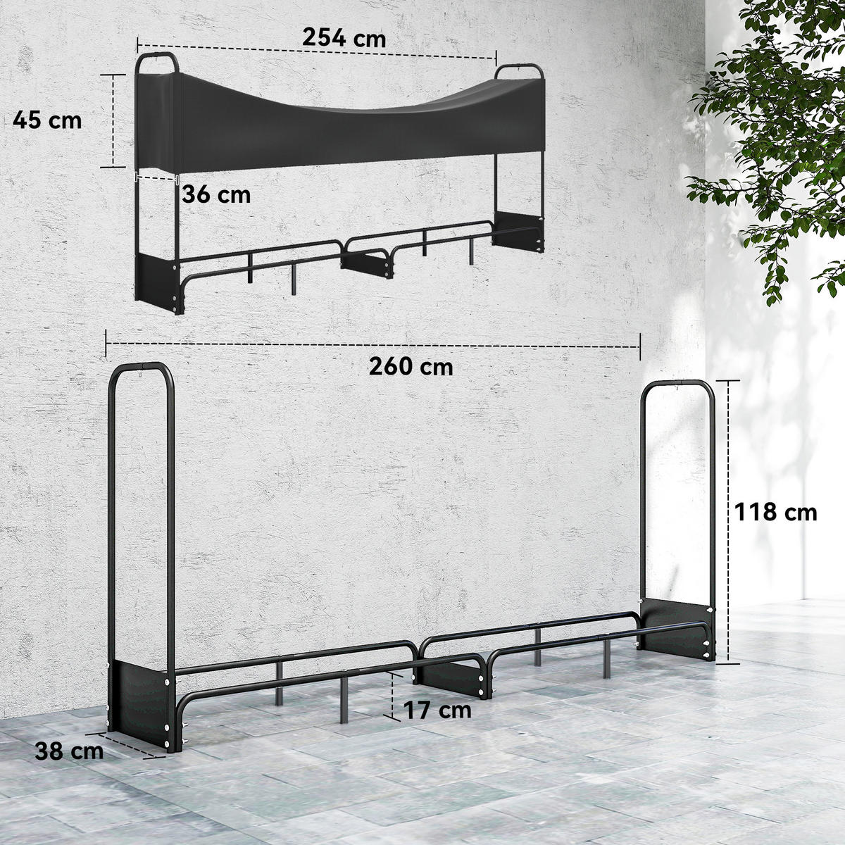 KAMINHOLZREGAL DE-18364 Schwarz - Schwarz, Metall (38/118/260cm) - ComfortXL