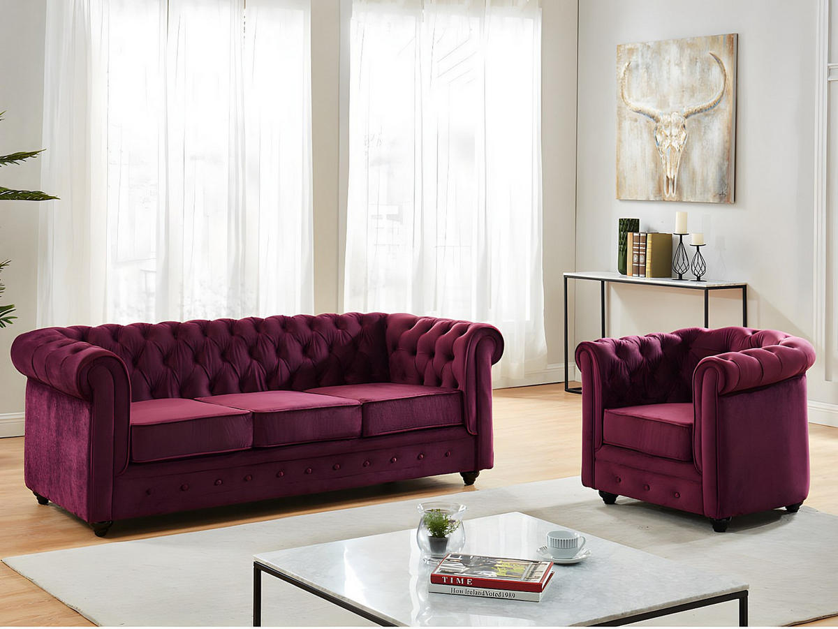 COUCHGARNITUR 3+1 - Samt - Pflaumenfarben - CHESTERFIELD - Bordeaux, Textil (205/72/88cm) - Vente-Unique