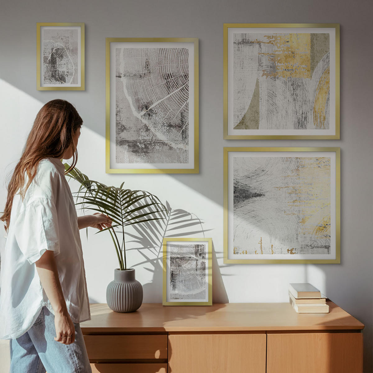WANDBILDER 5er Set - 50x50 cm & 20x30 cm & 40x60 cm Goldrahmen - Beige abstrakte Formen Linien - Goldfarben, Kunststoff (40/60cm) - ArtPrintCave