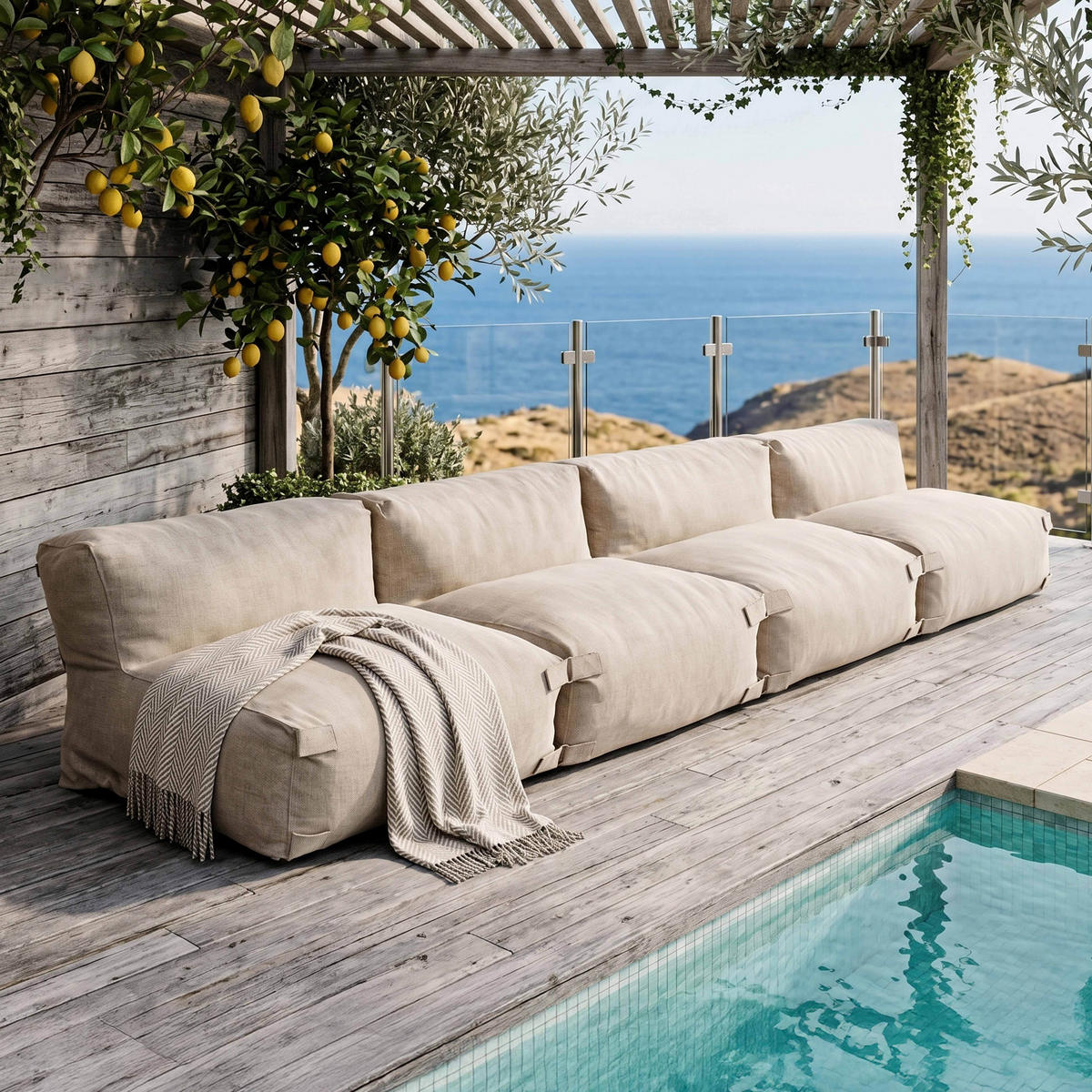 GARTENSOFA mit 4 Sitzplätzen, Sandfarbe - Gelb, Textil - Oviala