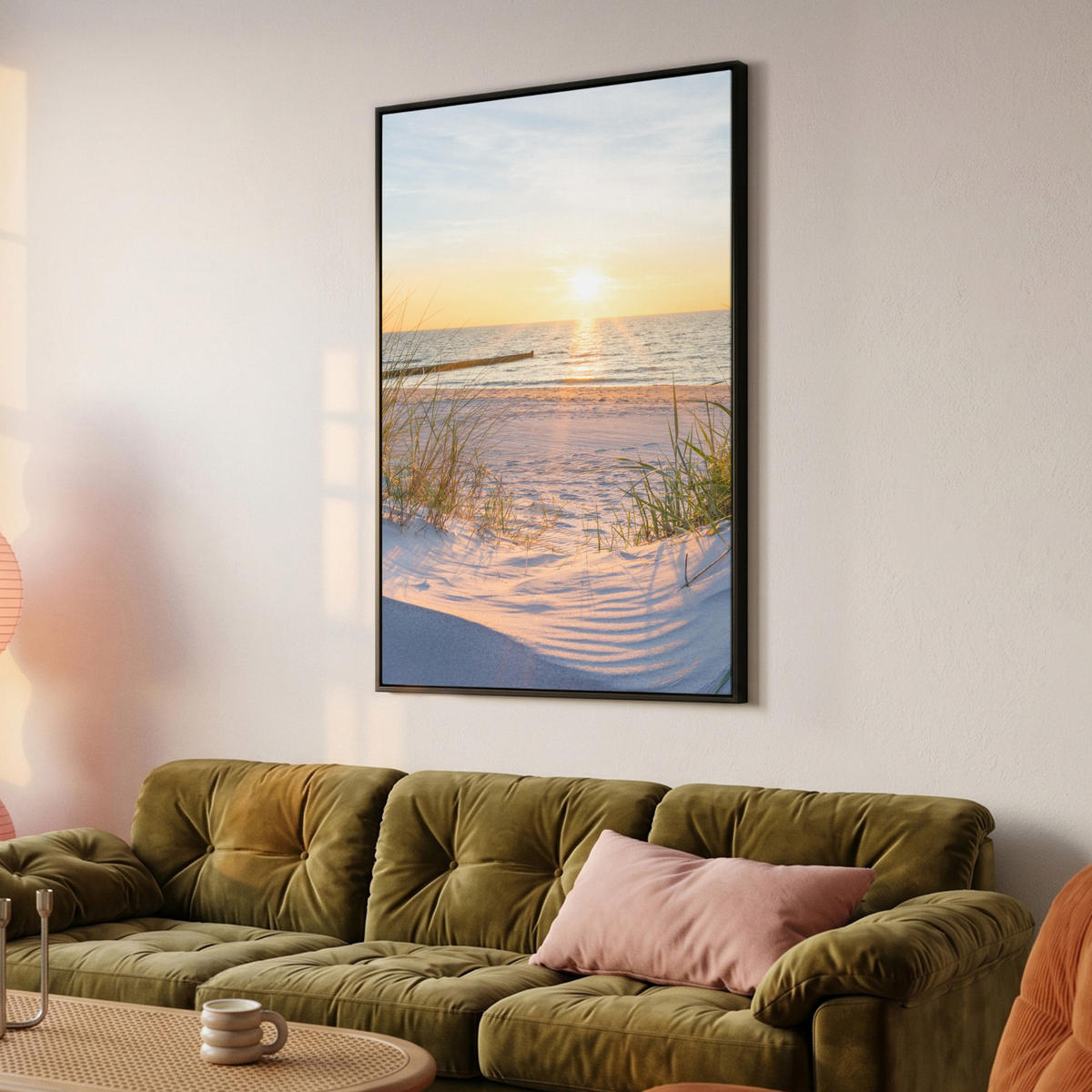 LEINWAND Bilder mit Rahmen - Strand - Sonne - Düne - Gras - Sand - Horizont - 80x120 - Hellblau, Textil (80/120cm) - MuchoWow