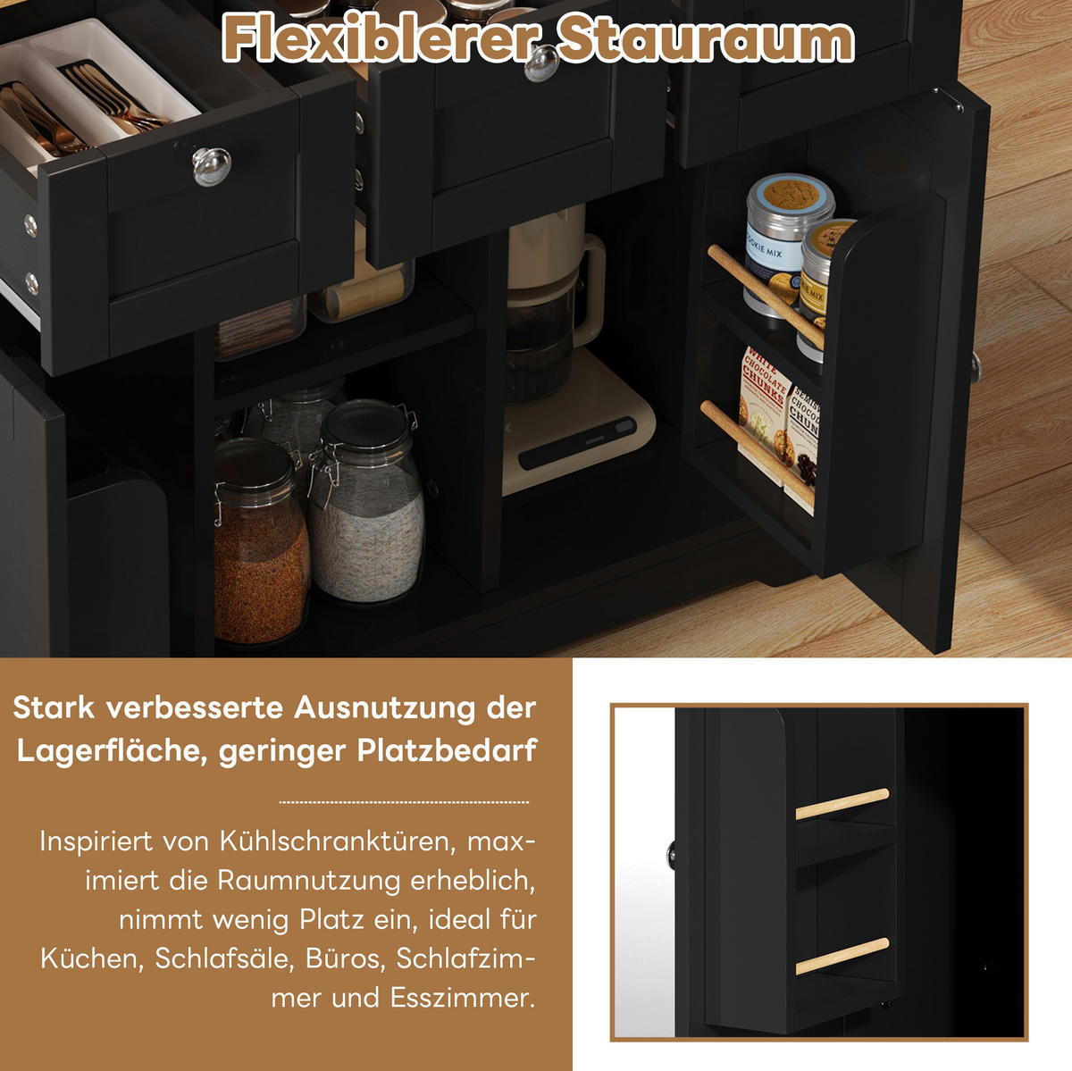 KÜCHENINSEL 132/40(70)/87 cm Natur/Schwarz mit Steckdose - Schwarz, Holzwerkstoff (132/87/70cm) - OKWISH