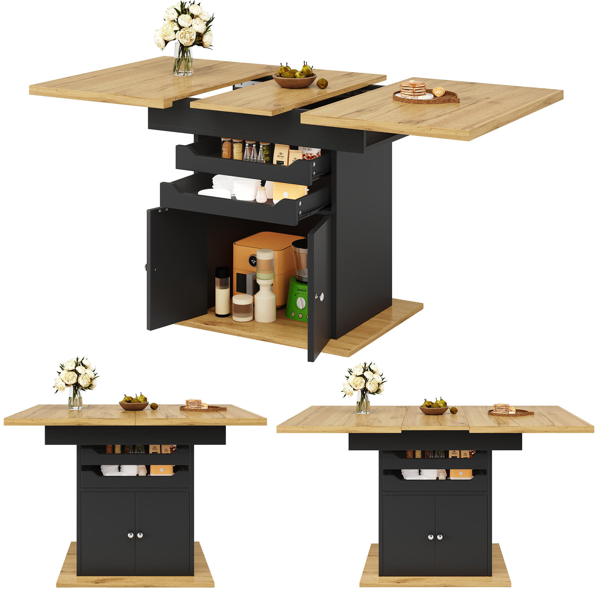 ESSTISCH in Naturfarben und Schwarz mit ausziehbarer Tischplatte und 2 Schubladen für Küche, B110-140/T80/H76 cm - Schwarz, Holzwerkstoff/Metall (80/140/76cm) - STILVORA