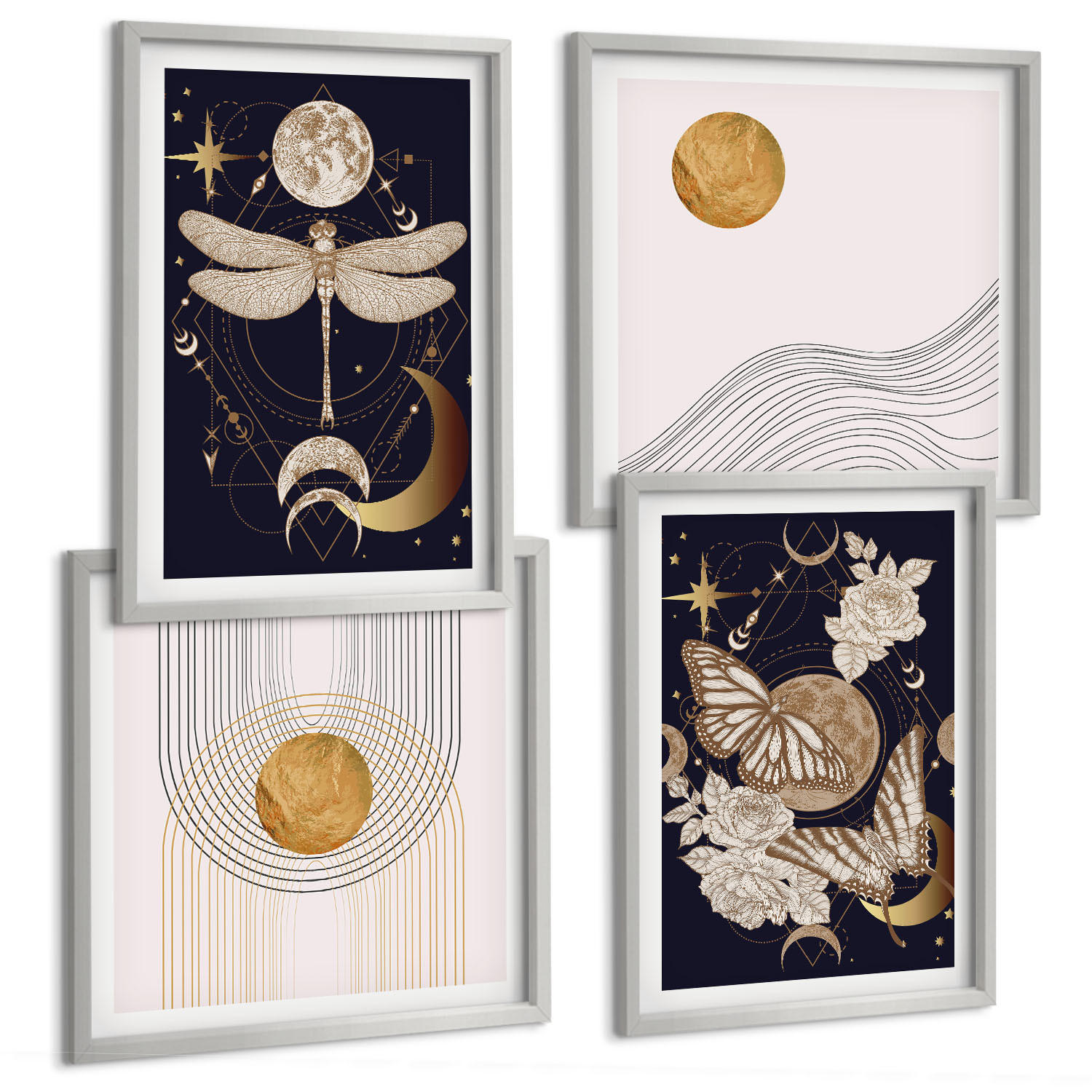 BILDER SET 4er Set - 50x50 cm & 40x60 cm Silberner Rahmen - Naturmotive mit dem Mond - Silberfarben, Kunststoff (50/50cm) - TULUP