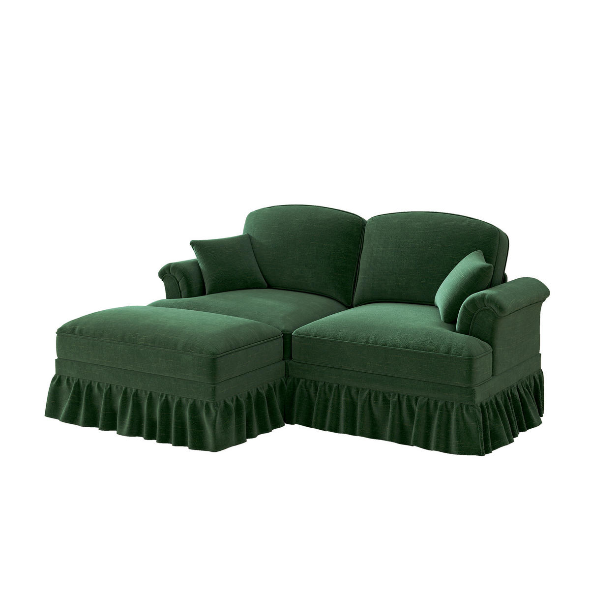 MODULARES Ecksofa Chenille mit Hocker und abnehmbarer Rüschen-Schürze 194/140/93 cm Grün - Grün, Textil (140/194cm) - Redom