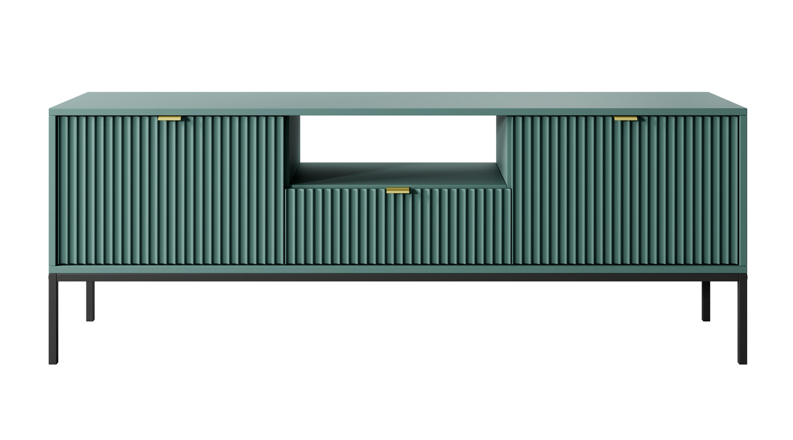 LOWBOARD Eternas 2T 1S Grün 154/56/39 cm – schwarze Füße, mit geriffelten Fronten und offener Ablage - Schwarz/Grün, Holzwerkstoff (154/56/39cm) - AX Living
