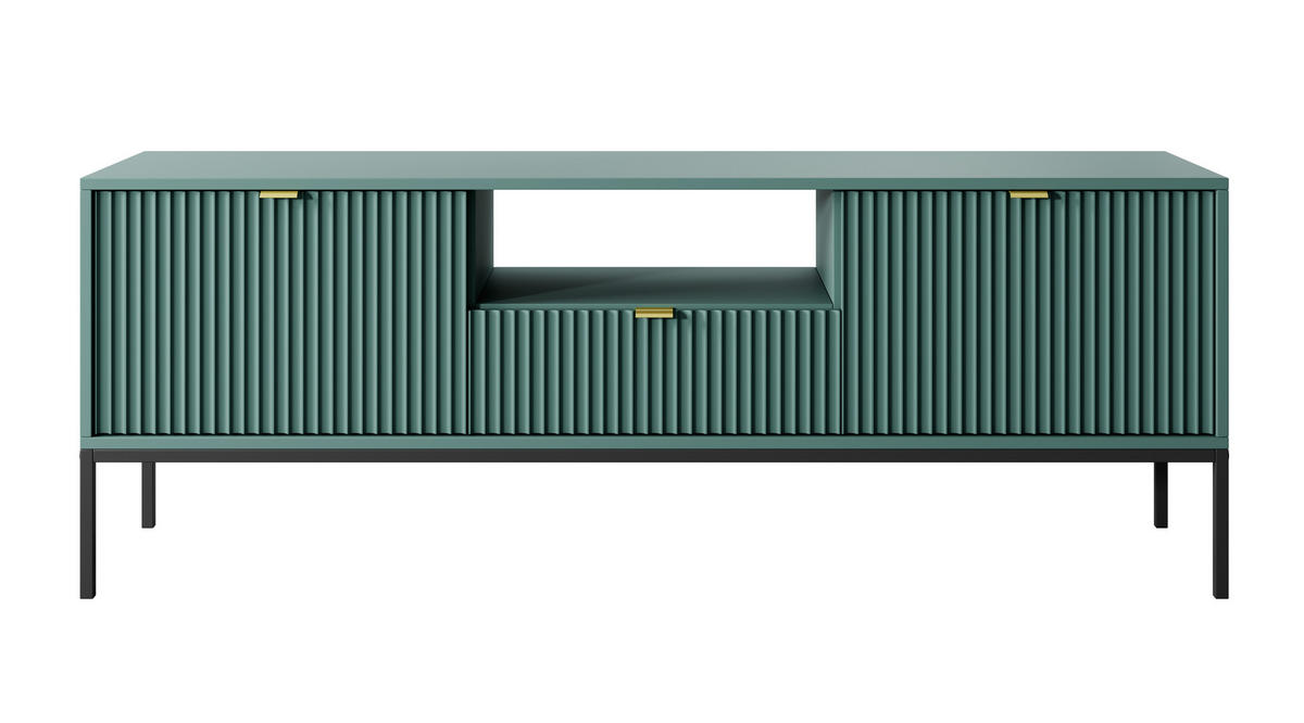 LOWBOARD Eternas 2T 1S Grün 154/56/39 cm – schwarze Füße, mit geriffelten Fronten und offener Ablage - Schwarz/Grün, Holzwerkstoff (154/56/39cm) - AX Living