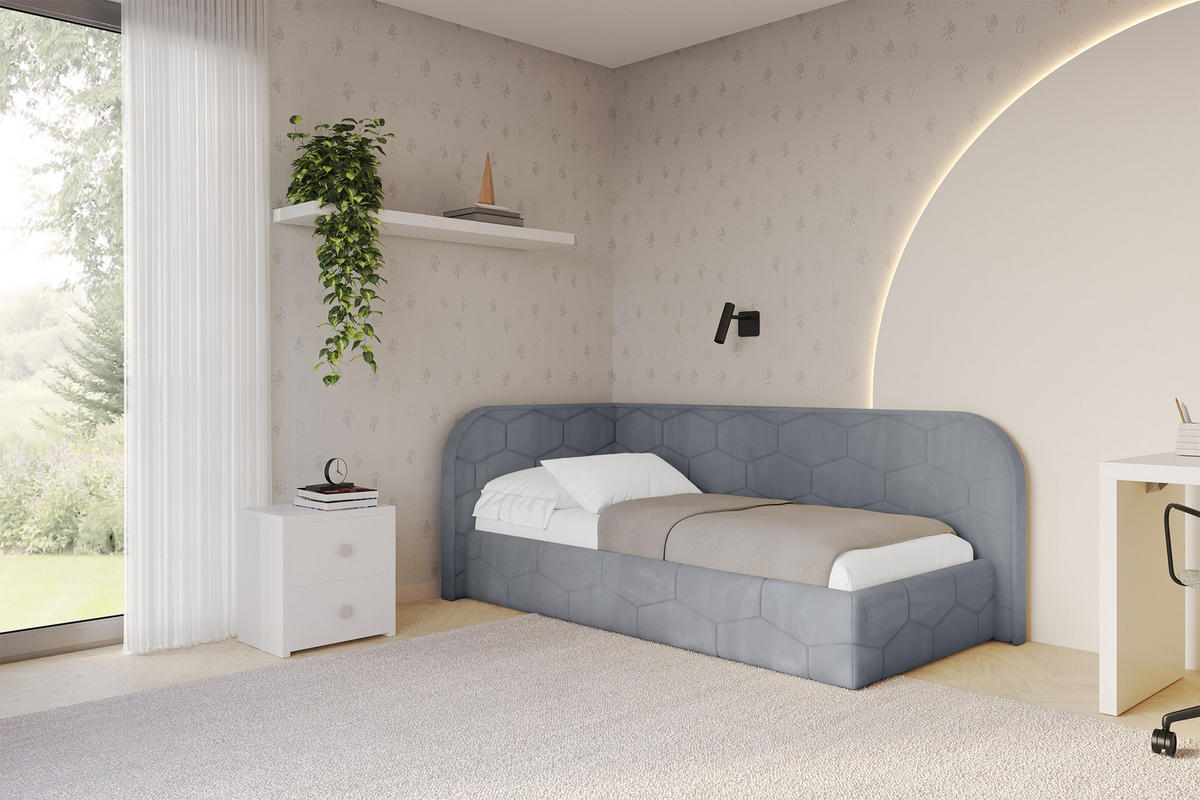 EINZELLBETT Jugendbett mit Bettkasten und Matratze H3/H4, Rechts - JAXY 90x200 Grau - Blaugrau, Holzwerkstoff/Textil (90/200cm) - ALTDECOR