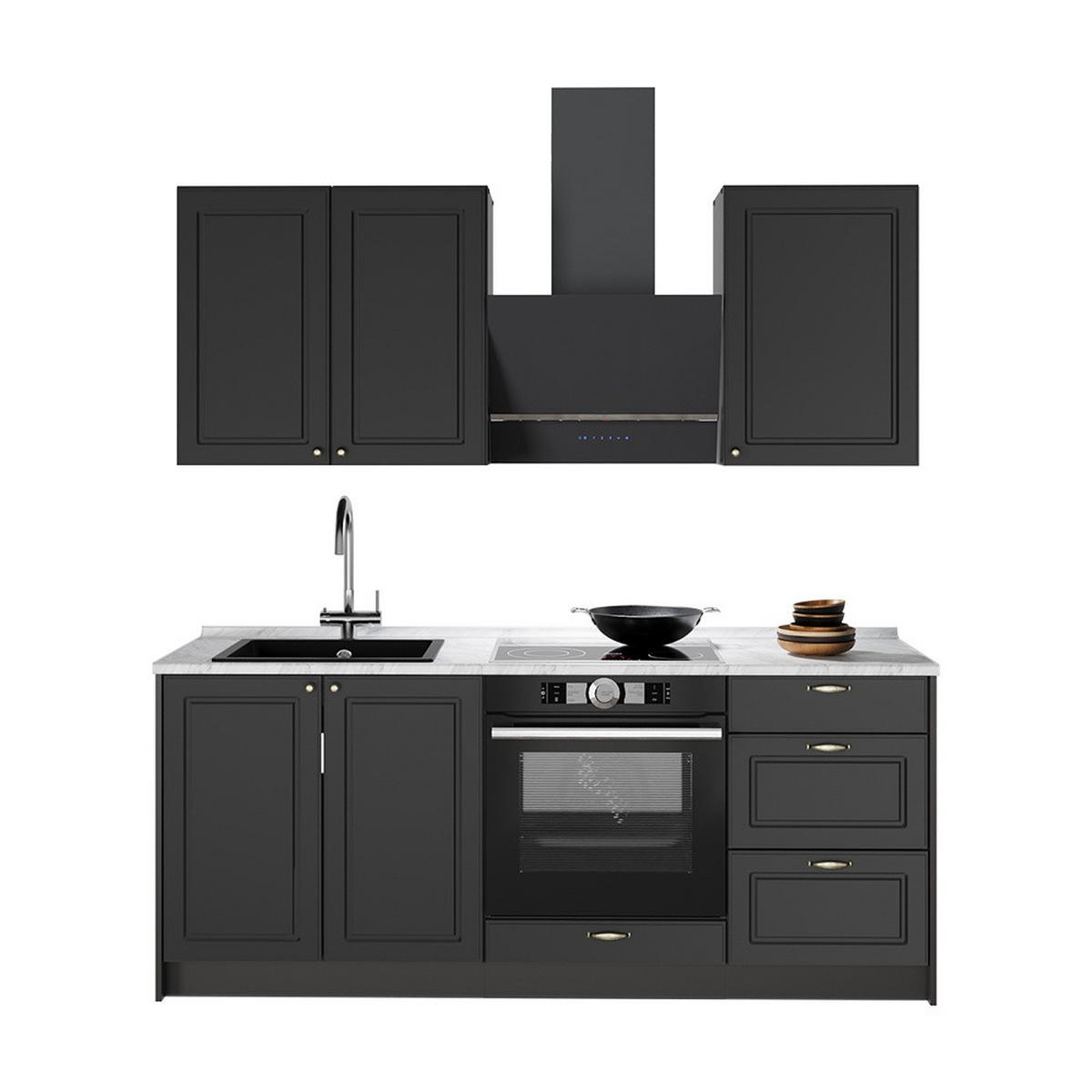 SINGLEKÜCHE Fame-Line, Anthrazit-Gold Landhaus/Anthrazit, 190 cm, AP Marmor - Anthrazit, Holzwerkstoff (190/206.8/60cm) - Vicco