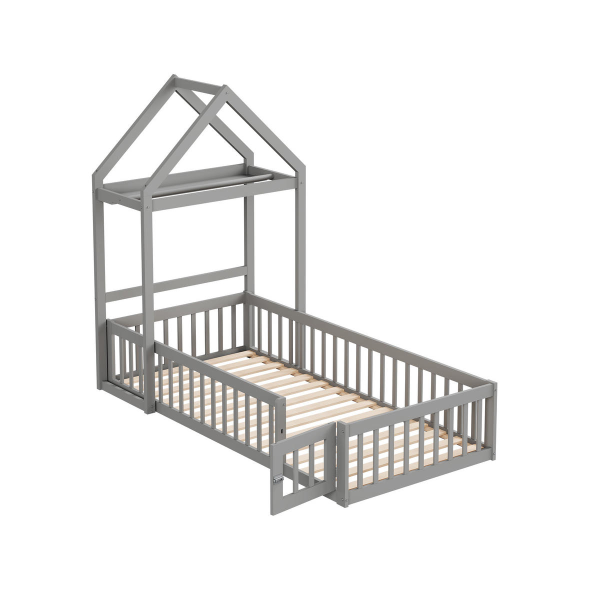 HAUSBETT aus 90x200 cm Grau mit Dach, Stauraum, Tür und Lattenrost - Grau, Holzwerkstoff (90/200cm) - Modfu