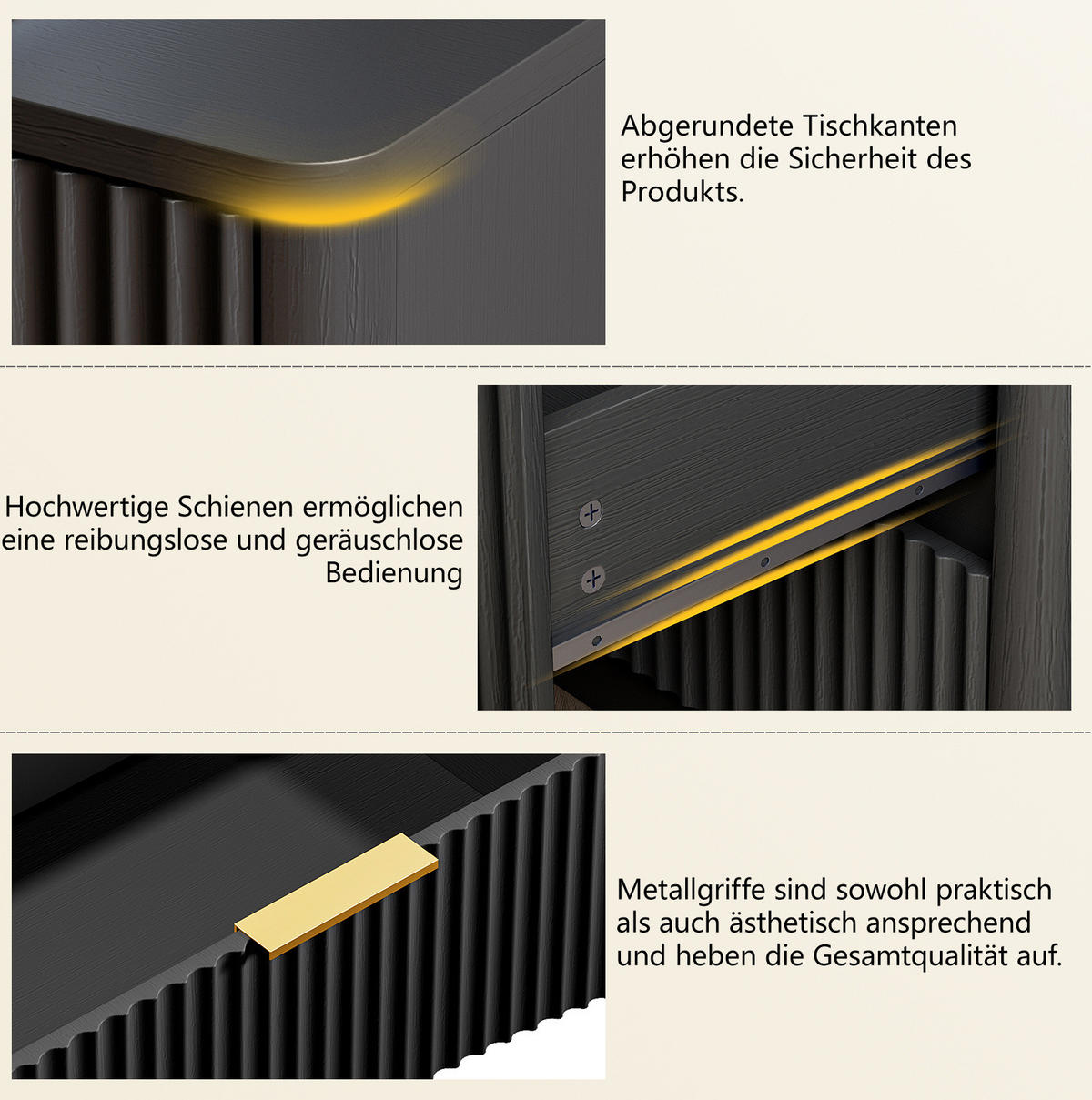 NACHTTISCH mit 3 Schubladen 58/38/64 cm in Schwarz mit Soft-Close - Schwarz, Holzwerkstoff (38/64/58cm) - BEAOK