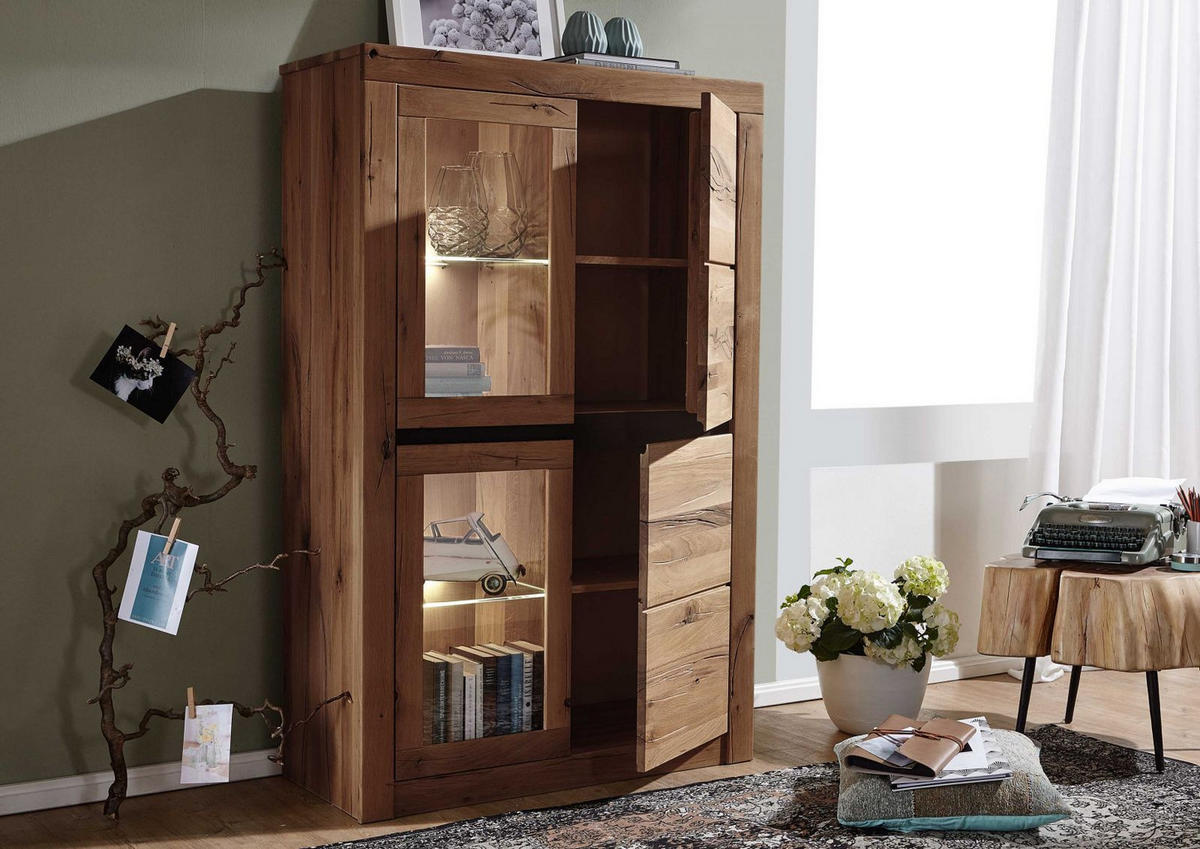 VITRINE Wild-/Zerreiche 95x42x150 Tabacco brown geölt MONTREUX #302 - Braun, Holz (95/150/42cm) - Massivmoebel24