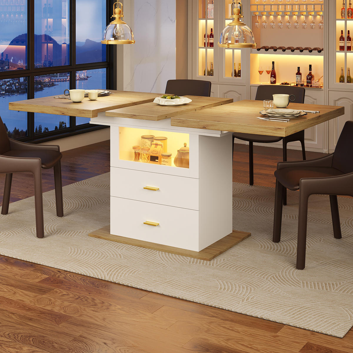 ESSTISCH in Holzoptik Ausziehbarer Küchentisch mit Stauraum und LED, für Küche & Esszimmer - Weiß, Holzwerkstoff (80/110/75cm) - STILVORA