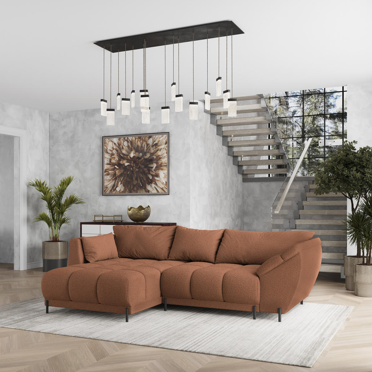 ECKSOFA VESTANO L-S Kupferfarben Boucle-Stoff mit Schlaffunktion - Kupferfarben, Holz (287/182cm) - MASSENO