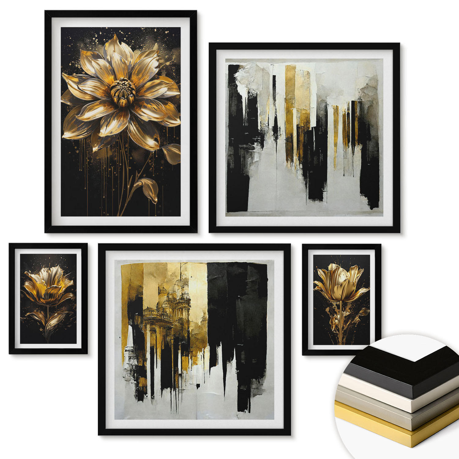 WANDBILDER 5er-Set - 50x50 cm & 20x30 cm & 40x60 cm Schwarzer Rahmen - Blumenbrücke – Lebensinspiration - Schwarz, Kunststoff (40/60cm) - ArtPrintCave