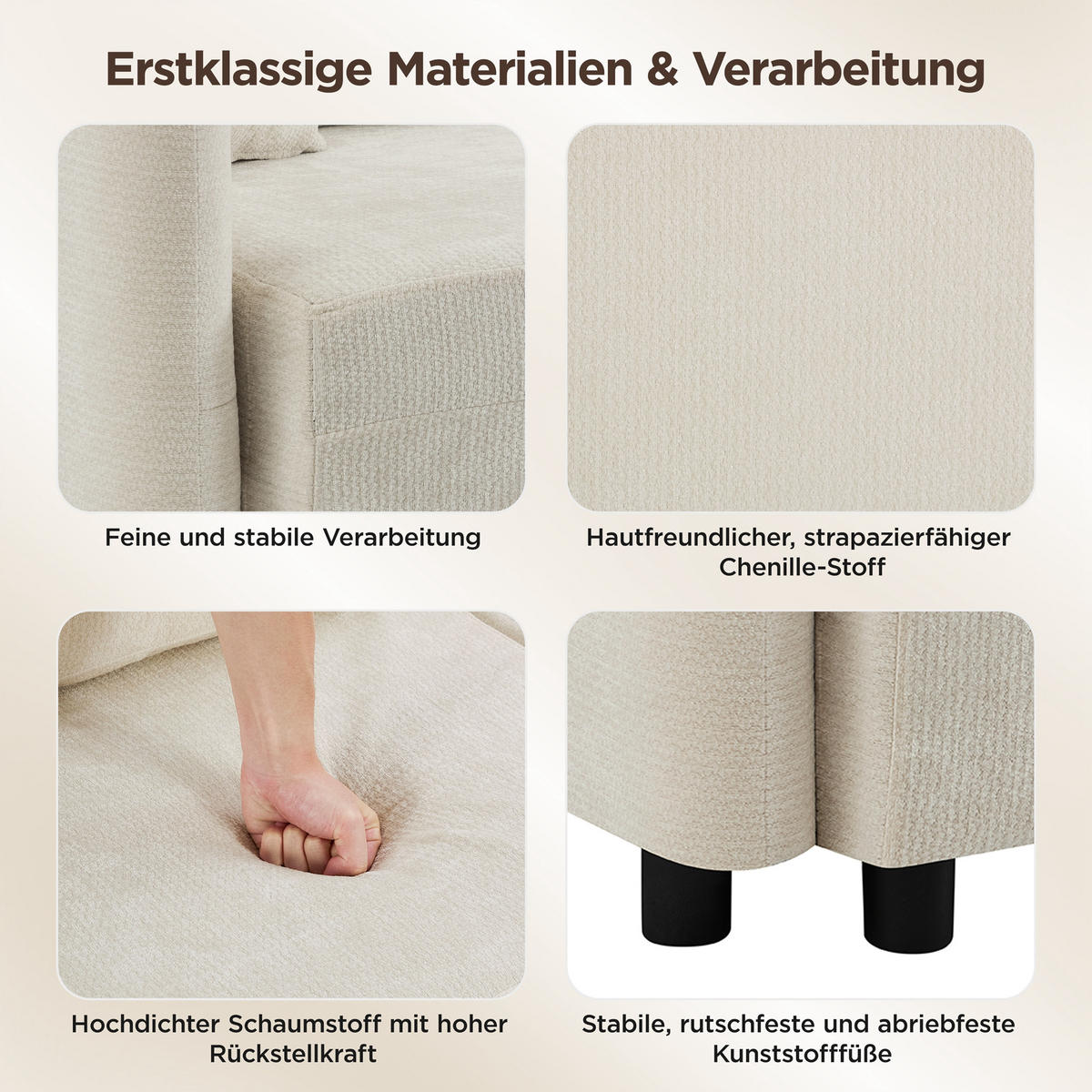 ECKSOFA 187.5/144/85.5 cm Hellbeige Chenille mit 2 Kissen - Beige, Holz/Textil (187.5/144cm) - Oxeza