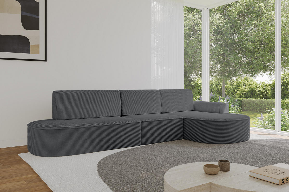 ECKSOFA mit Schlaffunktion Ottomane RECHTS MARI L2-S 368X167X85 Dunkelgrau Cord - Graphitfarben/Schwarz, Holzwerkstoff/Kunststoff (167/368cm) - ALTDECOR