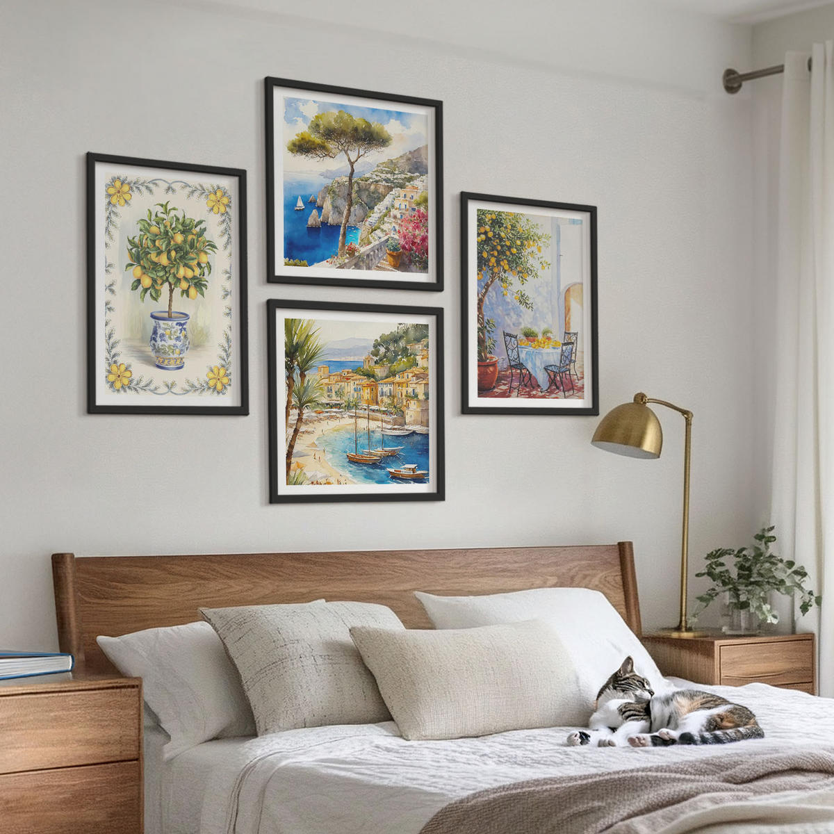 WANDBILDER 4er-Set - 50x50 cm & 40x60 cm Schwarzer Rahmen - Blick auf das Meer aus Zitronenbäumen - Schwarz, Kunststoff (50/50cm) - ArtPrintCave