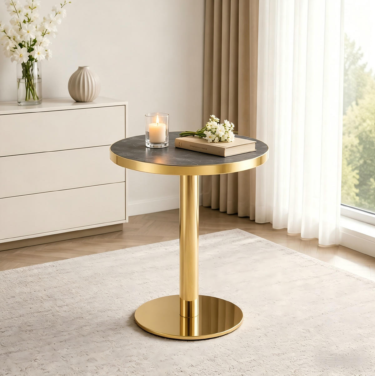 BARTISCH in Grau|Goldfarben Beistelltisch mit Marmoroptik-Tischplatte und Edelstahlgestell, B60/T60/H74cm - Goldfarben/Grau, Holzwerkstoff/Metall (59.5/59.5/73.5cm) - STILVORA