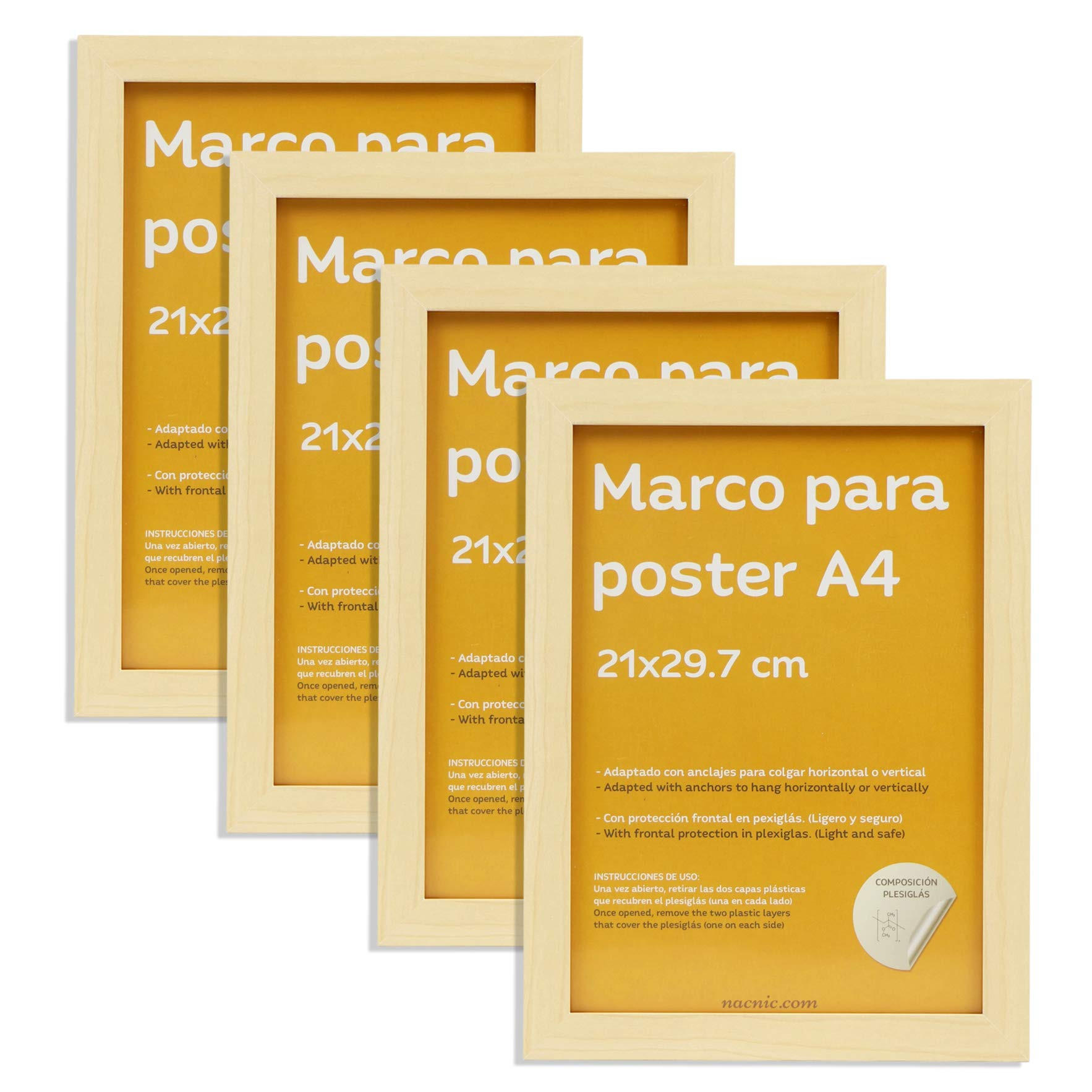 RAHMEN Set mit 4 aus MDF und Acrylglas Schutz und Aussteller für Fotografien, Bilder, Poster, Gemälde, Dekoration für Haus Farbe Hellholz A4 - Beige, Holz (21/3/29.7cm) - Nacnic