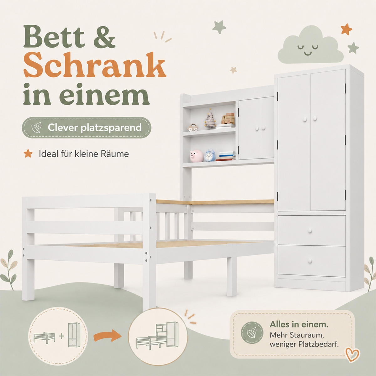 KINDERBETT 90/200 mit Kleiderschrank, Rausfallschutz & Schubladen, Holz, Weiß - Weiß, Holz (90/200cm) - LVHOM