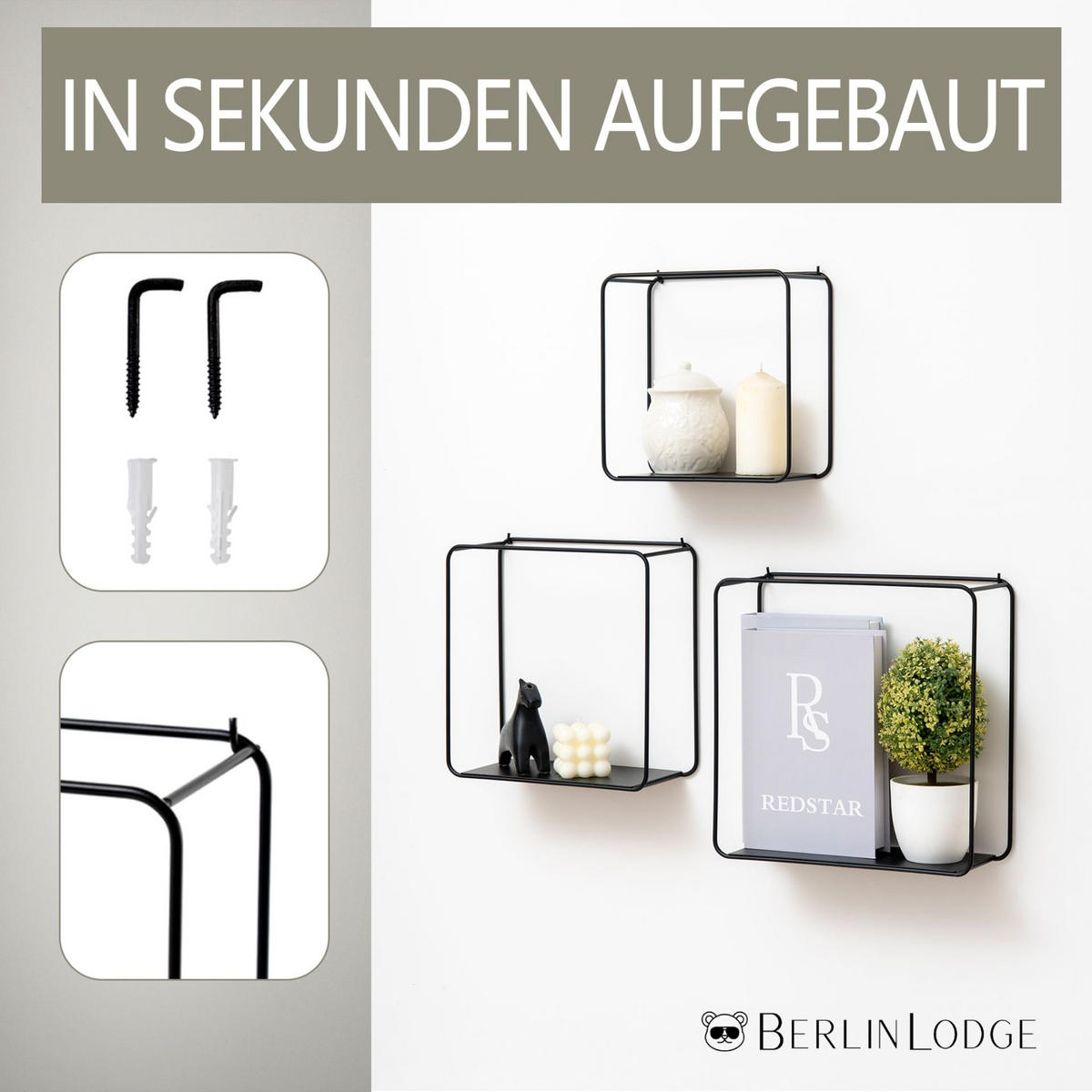 WANDREGAL 3er Set aus Metall Wanddeko und Ablage - Schwarz, Metall (32/32/12cm) - BERLINLODGE