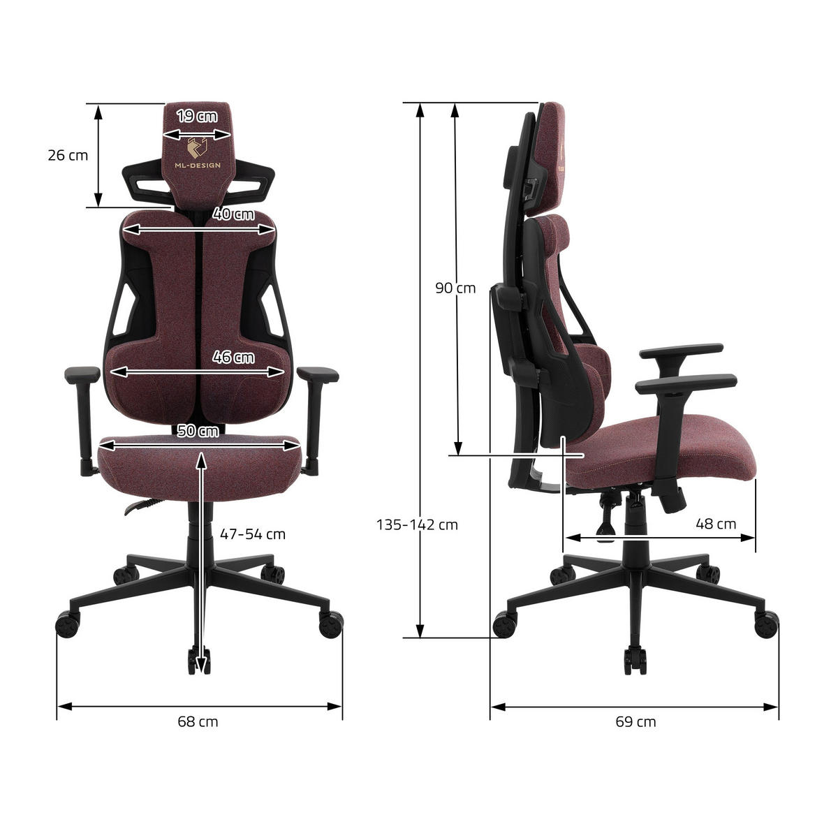 HERNÍ židle s látkovým potahem v červené barvě, individuálně nastavitelná - černá/červená, kov/textil (69/142/68cm) - ML-DESIGN