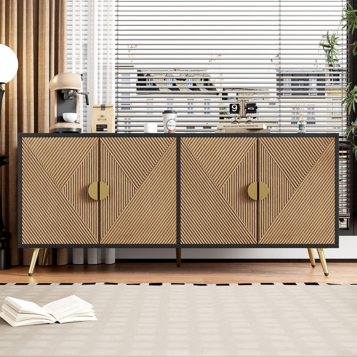 SIDEBOARD Schwarz, 4 Türen, Goldgriffe, glänzende Füße - Schwarz, Holz (160/75/40cm)