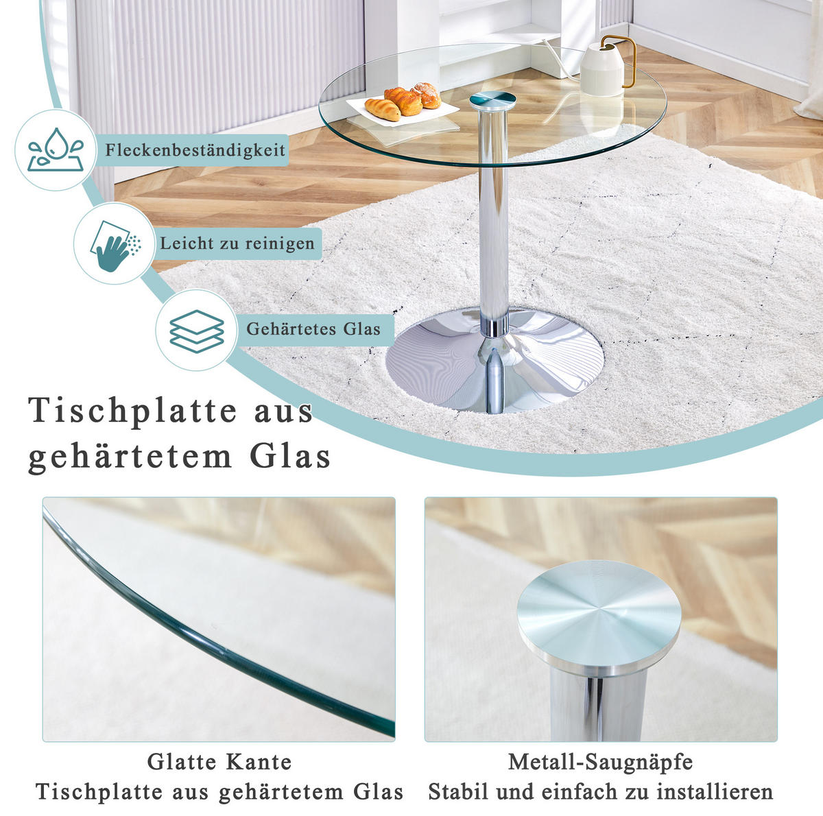 RUNDER Bartisch 85/85/76 cm mit Glasplatte und Metallgestell in Silber - Silberfarben, Glas (85/85/76cm) - BEAOK